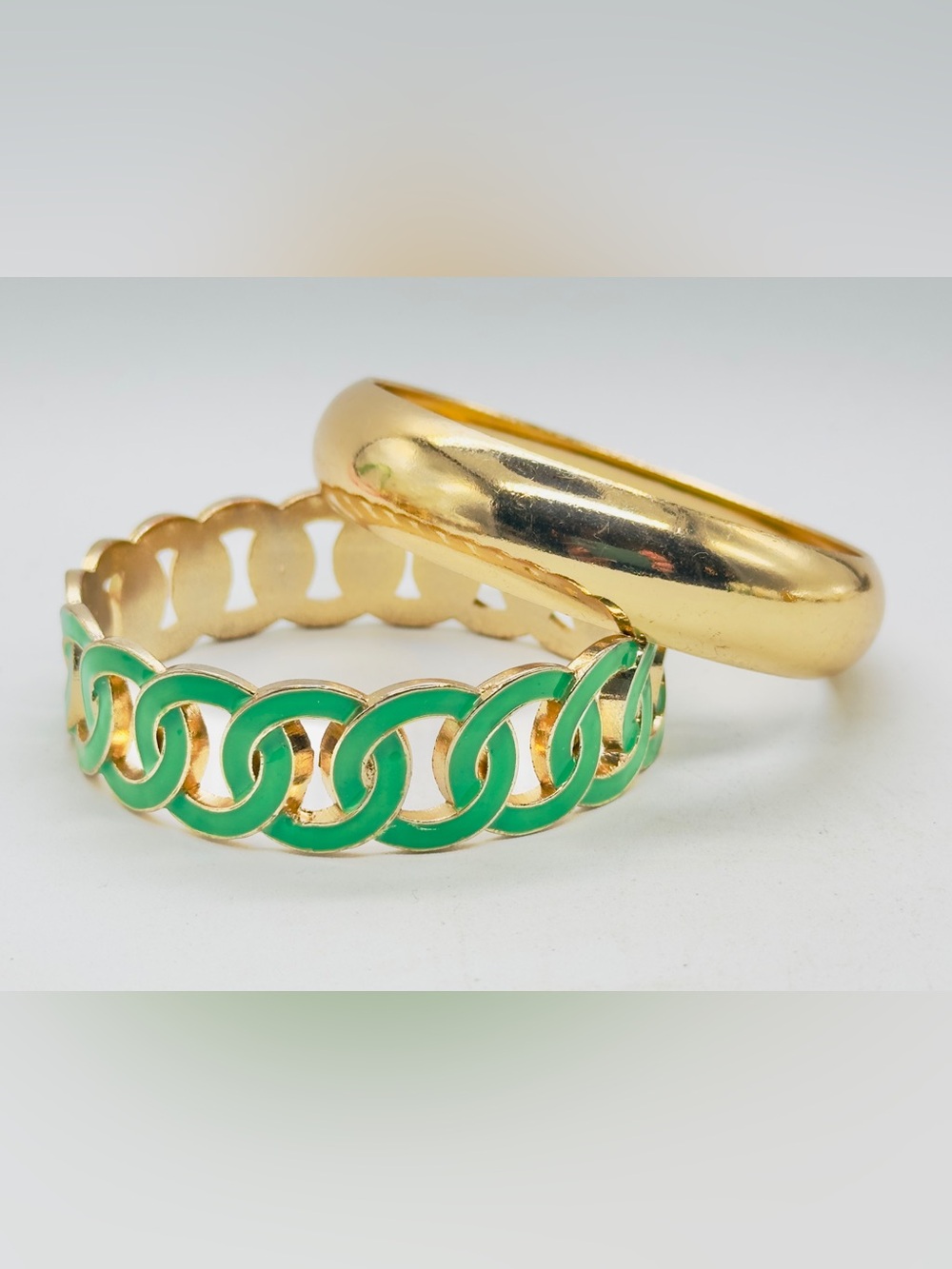 Gold Tone Green Enamel Chain Link Bracelet Bangle Set Lot Stack